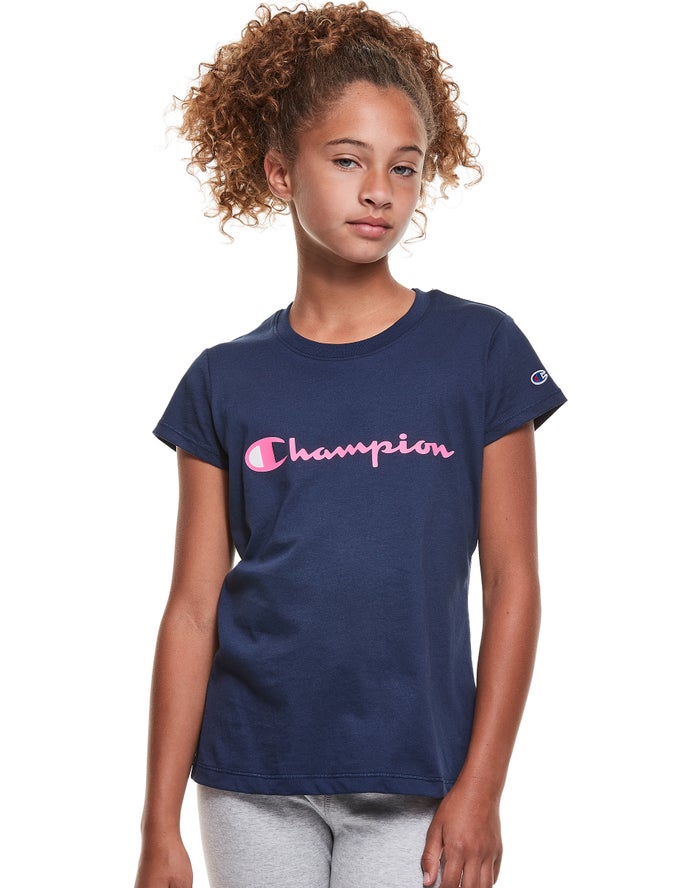 Champion Classic Script Logo - Tytön Laivastonsininen T-Paita - Suomi 4190527-FZ